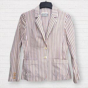 BOBBIE BROOKS 80s Vintage Seersucker Tan Blue Stripe Blazer Jacket Womens S